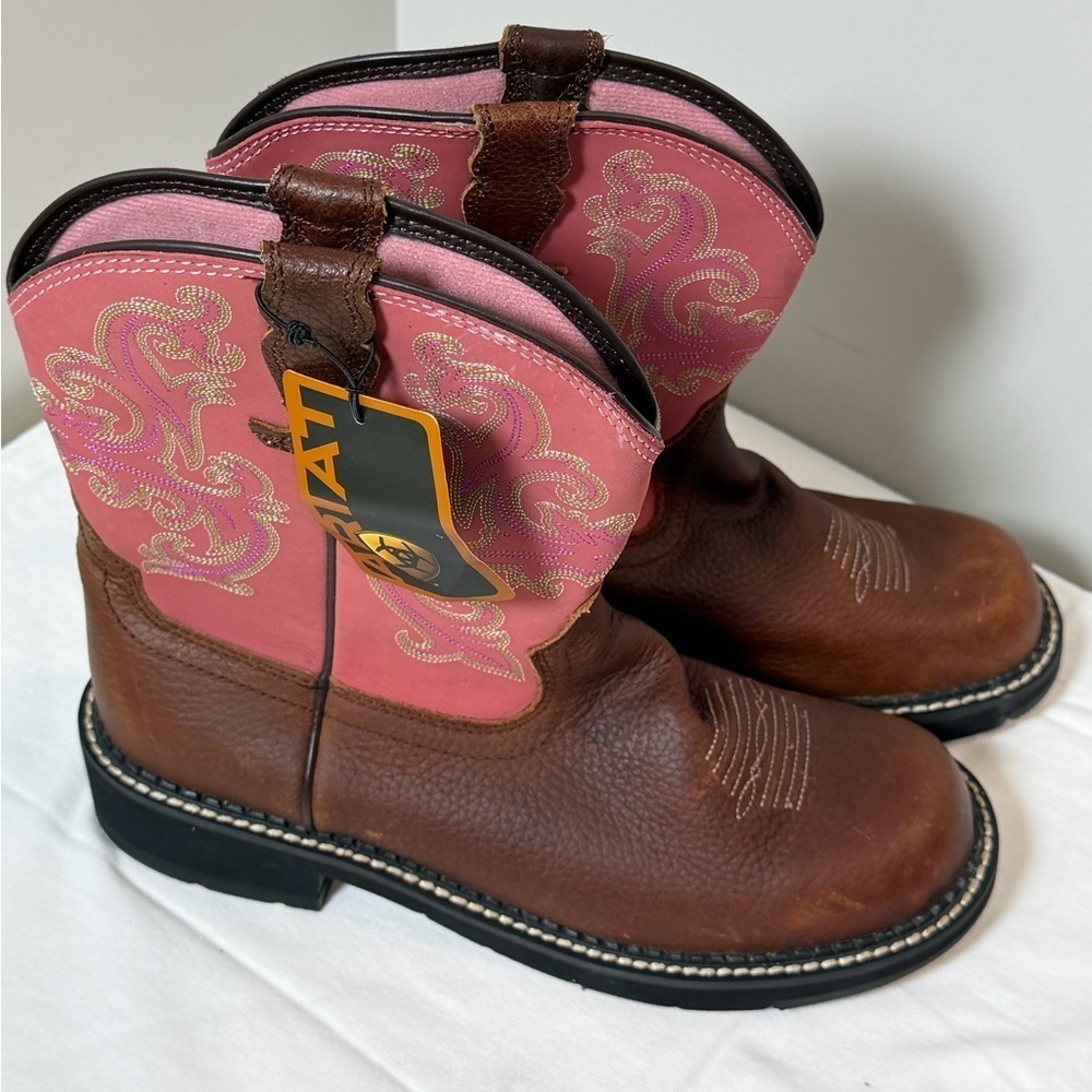 BRAND NEW NWT Ariat Size 10 Fatbaby II Pink and Brown Leather Cowboy Boots - Picture 7 of 11